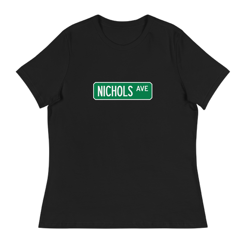 A mockup of the Nichols Ave Street Sign Muncie Ladies Tee