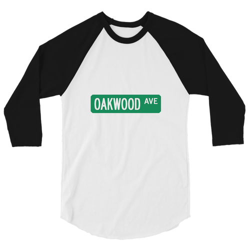 A mockup of the Oakwood Ave Street Sign Muncie Raglan 3/4 Sleeve