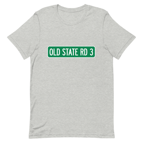A mockup of the Old State Road 3 Street Sign Muncie T-Shirt