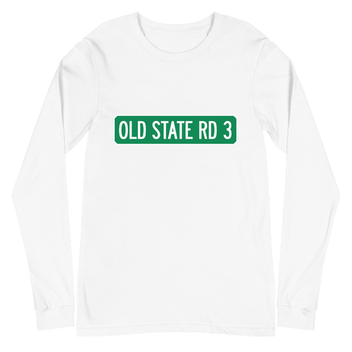 A mockup of the Old State Road 3 Street Sign Muncie Long Sleeve Tee