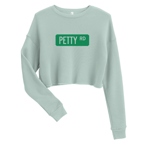 A mockup of the Petty Rd Street Sign Muncie Ladies Cropped Crewneck