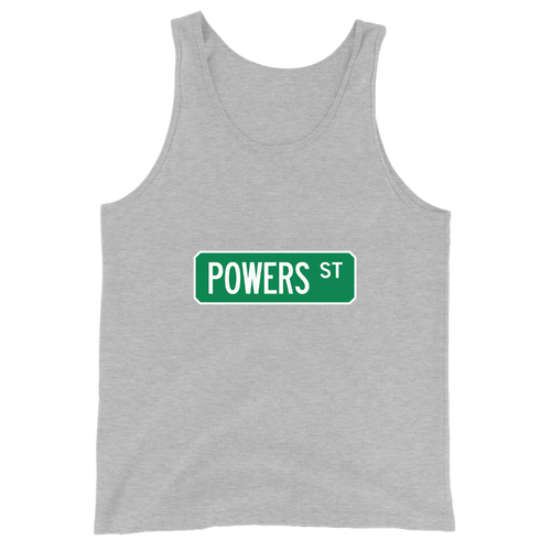 A mockup of the Powers St Street Sign Muncie Tank Top