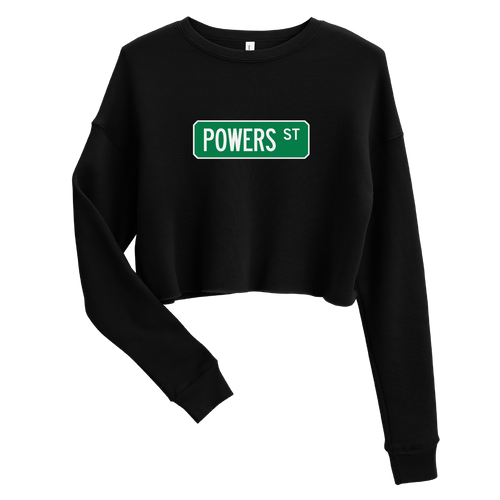 A mockup of the Powers St Street Sign Muncie Ladies Cropped Crewneck