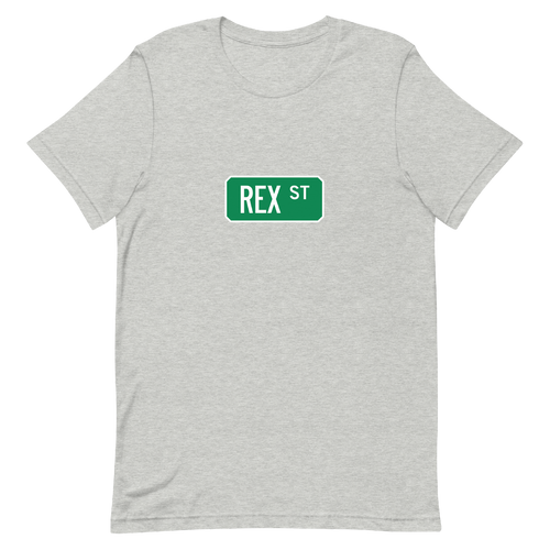 A mockup of the Rex St Street Sign Muncie T-Shirt