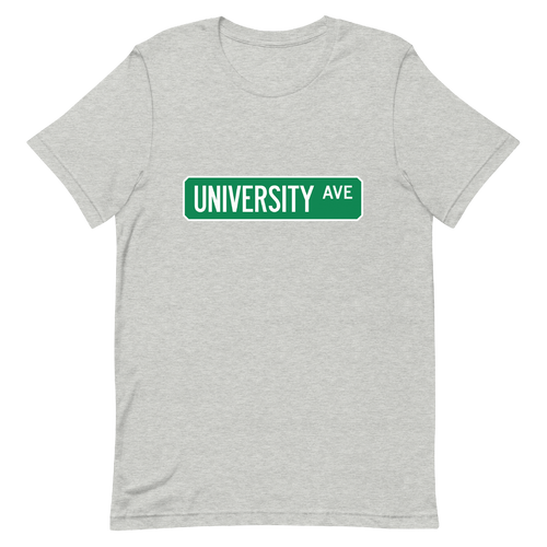 A mockup of the University Ave Street Sign Muncie T-Shirt