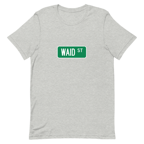 A mockup of the Waid St Street Sign Muncie T-Shirt