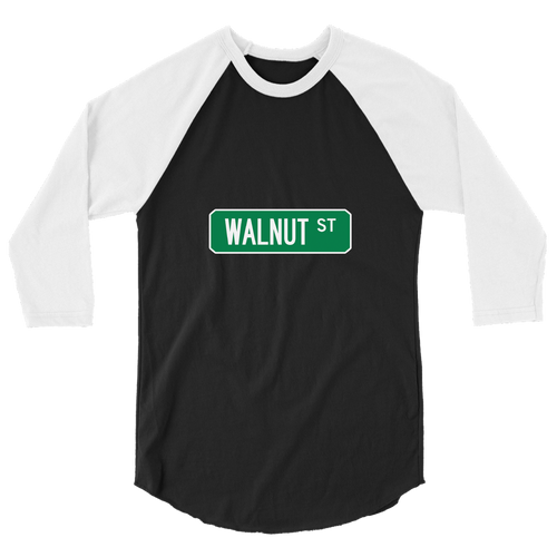 A mockup of the Walnut St Street Sign Muncie Raglan 3/4 Sleeve