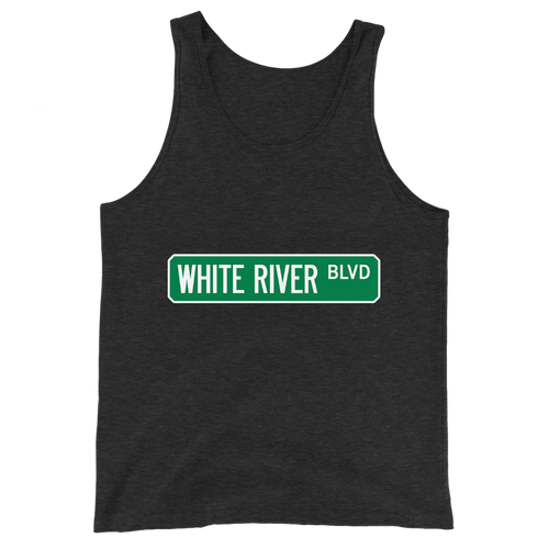 A mockup of the White River Blvd Street Sign Muncie Tank Top