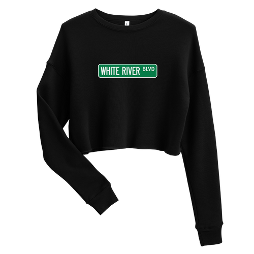 A mockup of the White River Blvd Street Sign Muncie Ladies Cropped Crewneck