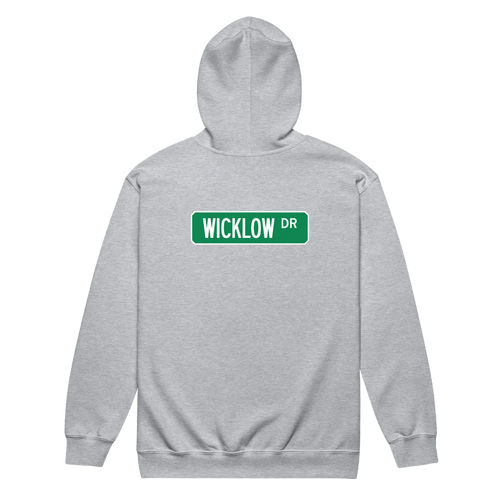 A mockup of the Wicklow St Street Sign Muncie Zipping Hoodie