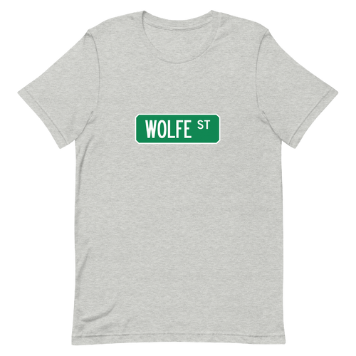A mockup of the Wolfe St Street Sign Muncie T-Shirt