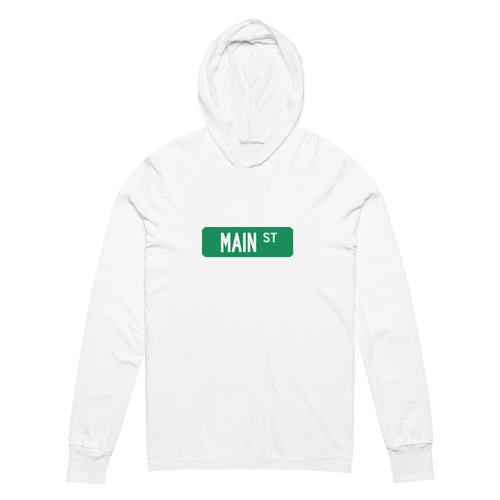 A mockup of the Main St Street Sign Muncie Hooded Tee