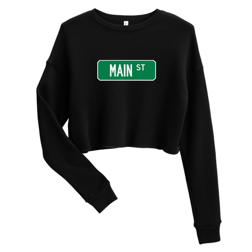 A mockup of the Main St Street Sign Muncie Ladies Cropped Crewneck