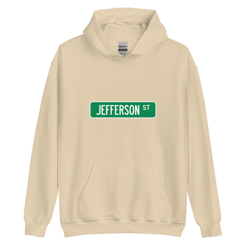 A mockup of the Jefferson St Street Sign Muncie Hoodie