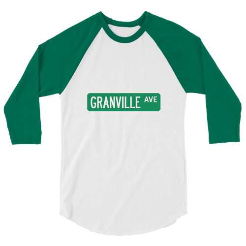 A mockup of the Granville Ave Street Sign Muncie Raglan 3/4 Sleeve