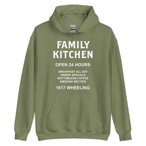 A mockup of the Family Kitchen Restaurant Hoodie