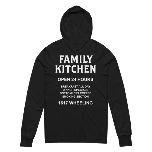 A mockup of the Family Kitchen Restaurant Hooded Tee