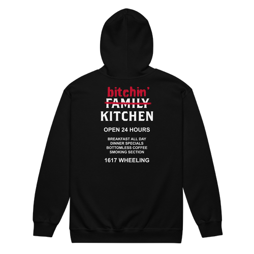 A mockup of the Family Kitchen "Bitchin' Kitchen" Nickname Zipping Hoodie