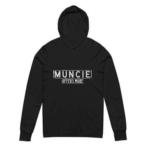 A mockup of the Muncie Offers More Hooded Tee