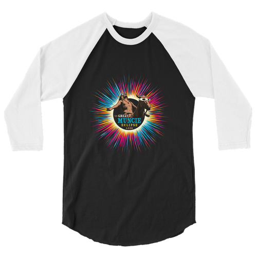 A mockup of the Great Muncie Eclipse of 2024 Appeal to the Great Spirit Raglan 3/4 Sleeve