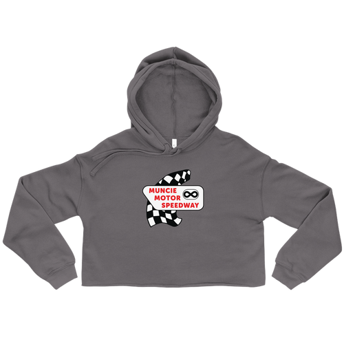 A mockup of the Muncie Motor Speedway Authentic Logo Ladies Cropped Hoodie
