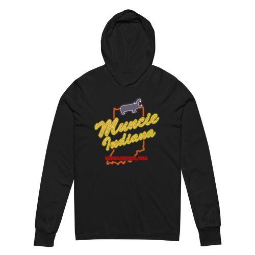 A mockup of the Portland Parody Muncie Sign Hooded Tee