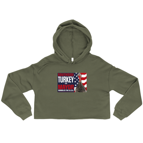 A mockup of the Southside Turkey for Mayor Ladies Cropped Hoodie
