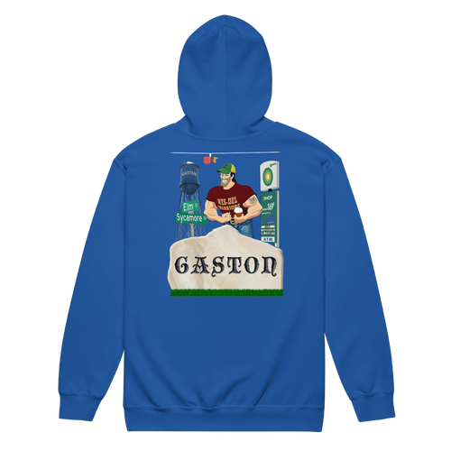 A mockup of the Gaston Gaston Parody Zipping Hoodie