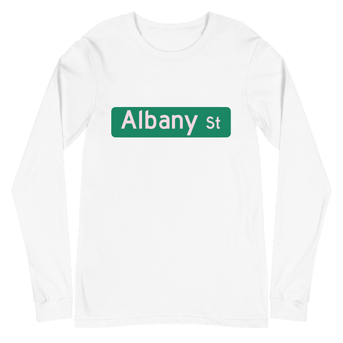A mockup of the Albany St Street Sign Selma Long Sleeve Tee