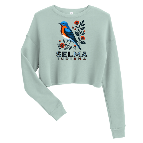 A mockup of the Selma Cottage Core Bluebird Ladies Cropped Crewneck