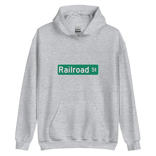 A mockup of the Railroad St Street Sign Selma Hoodie