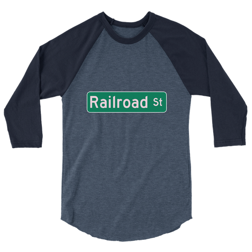 A mockup of the Railroad St Street Sign Selma Raglan 3/4 Sleeve