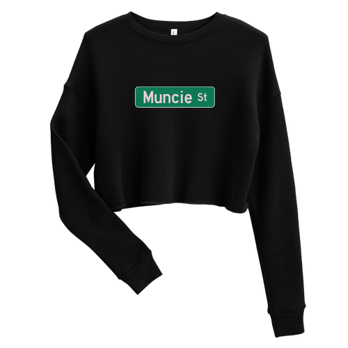 A mockup of the Muncie St Street Sign Selma Ladies Cropped Crewneck