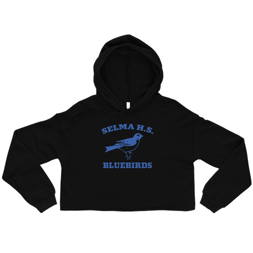 A mockup of the Selma High School Bluebirds Ladies Cropped Hoodie