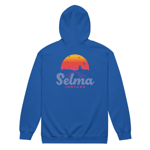 A mockup of the Selma Sunrise Skyline Zipping Hoodie