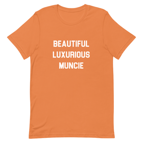 A mockup of the Beautiful Luxurious Muncie Block Text T-Shirt