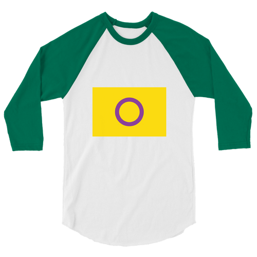 A mockup of the Intersex Pride Flag Raglan 3/4 Sleeve