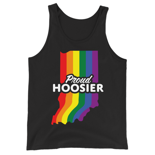 A mockup of the Proud Hoosier Rainbow Tank Top