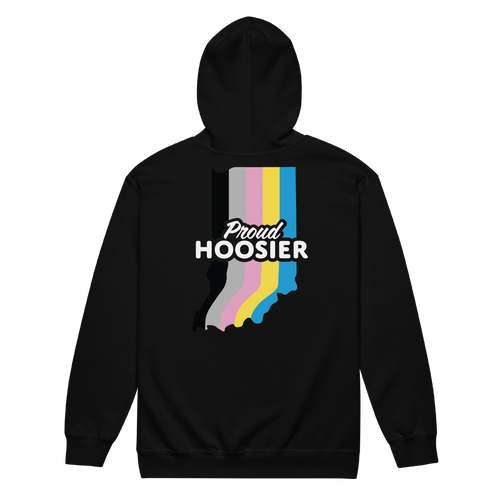 A mockup of the Proud Hoosier Polygender Zipping Hoodie