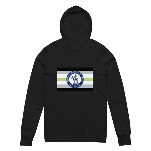 A mockup of the Agender Muncie Pride Flag Hooded Tee