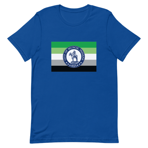 A mockup of the Aromantic Muncie Pride Flag T-Shirt