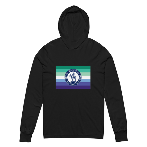 A mockup of the Gay Muncie Pride Flag Hooded Tee