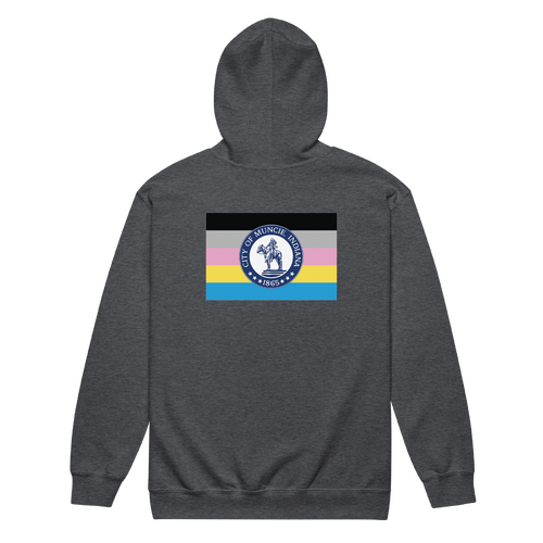 A mockup of the Polygender Muncie Pride Flag Zipping Hoodie