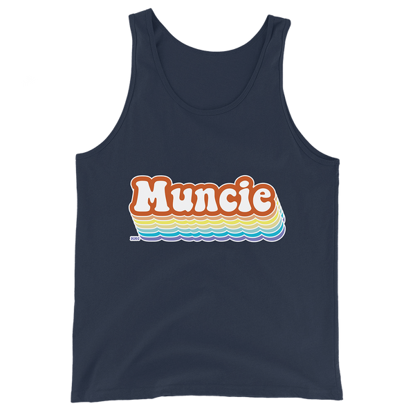 A mockup of the 70s Rainbow Muncie Tank Top