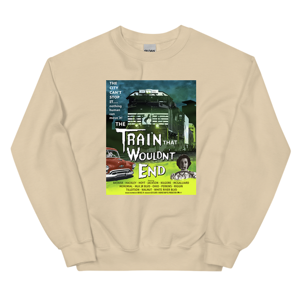 A mockup of the Train That Wouldn't End Crewneck