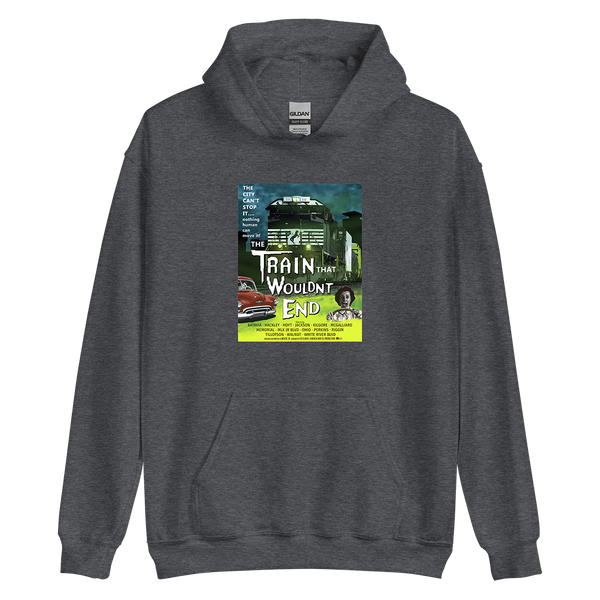 A mockup of the Train That Wouldn't End Hoodie