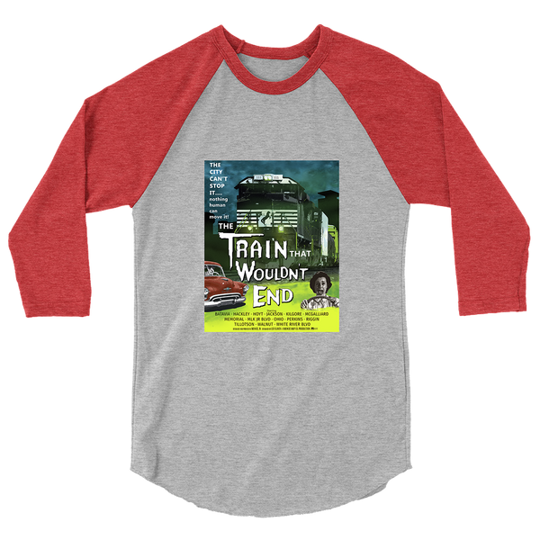 A mockup of the Train That Wouldn't End Raglan 3/4 Sleeve