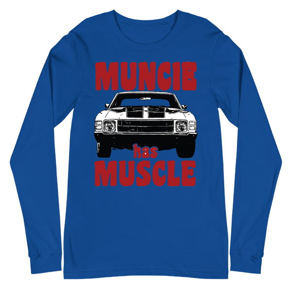A mockup of the Muncie Has Muscle Chevelle Long Sleeve Tee