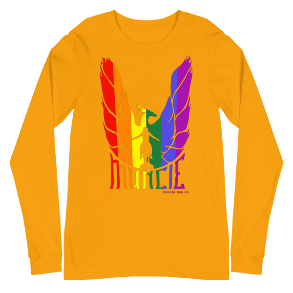 A mockup of the Phoenix Rising Pride Muncie Long Sleeve Tee