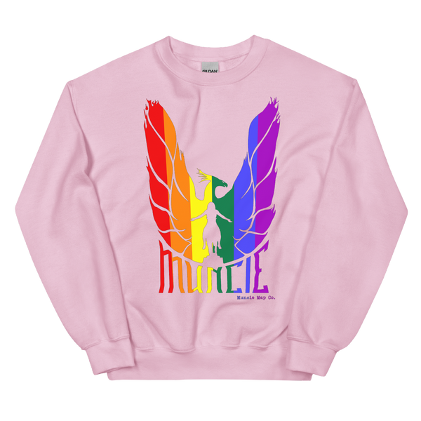 A mockup of the Phoenix Rising Pride Muncie Crewneck